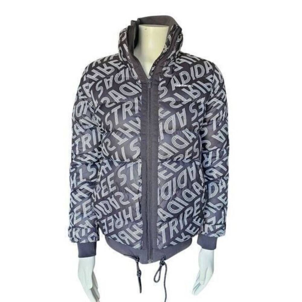 Adidas Neo Women’s M Grey Duck Down Puffer Jacket Coat Logo Print Hooded Warm